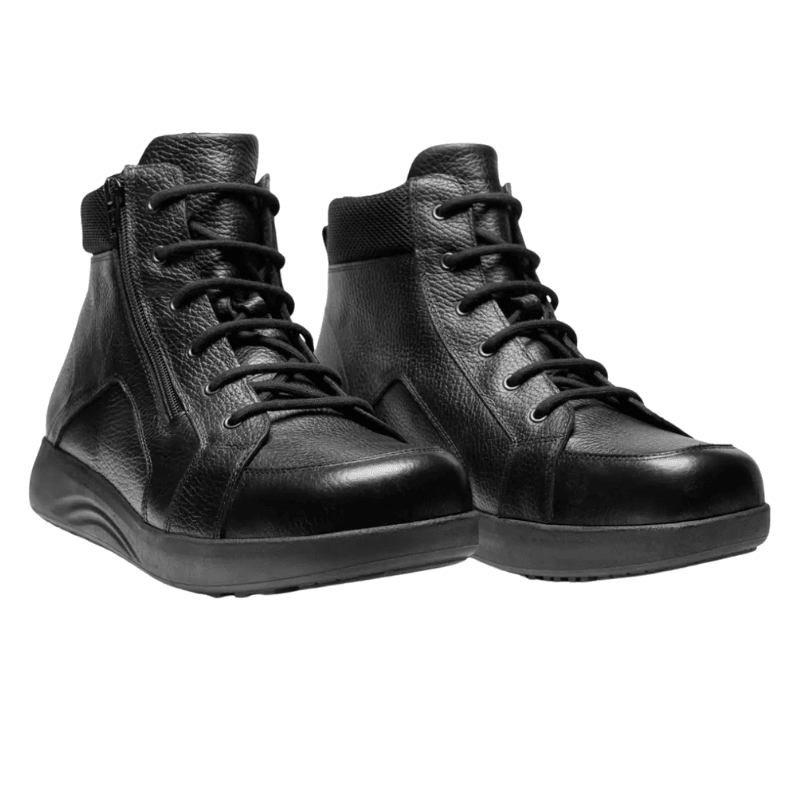 Two black New Feet men's boots in calfskin, slightly angled front view, with laces and zippers