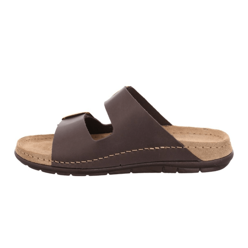 Dark brown Rohde women's leather sandal with two wide straps and a suede insole, side view