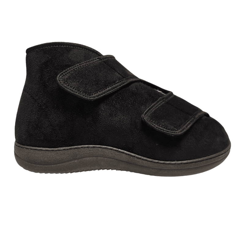 Black high therapy shoe with two wide velcro straps, side view
