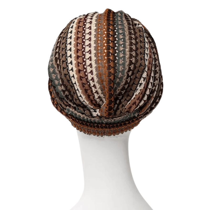 Sapphire Boho turban in patterned knit with brown, golden, and burgundy stripes, seen from the back on a mannequin