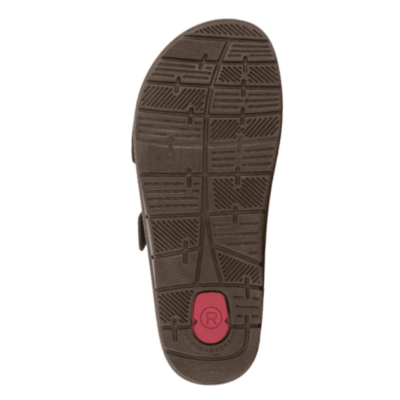 Dark brown outsole of a Rohde women's slipper with anti-slip pattern and red logo, seen from below