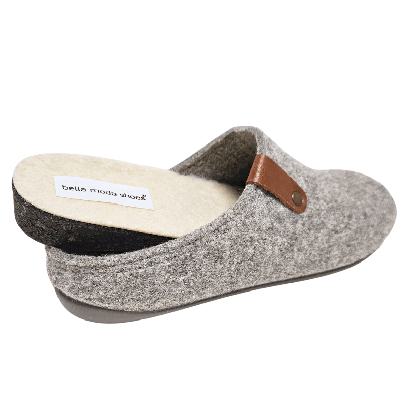 Grey Bella Moda wool slipper from the side with the removable insole partially pulled out