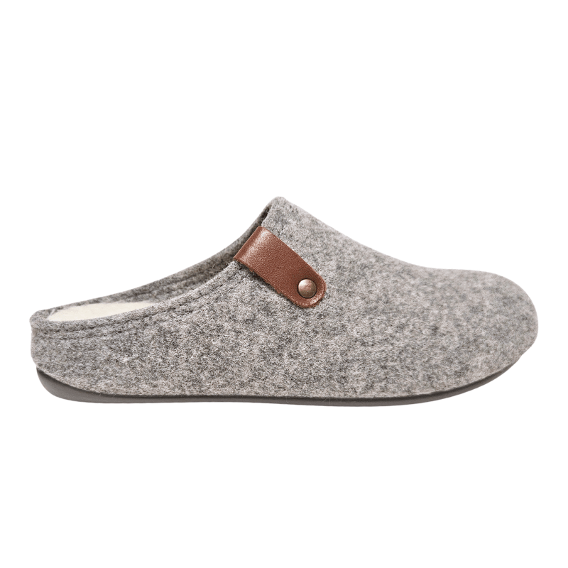 Grey Bella Moda women's slipper in wool from the side with a brown leather strap