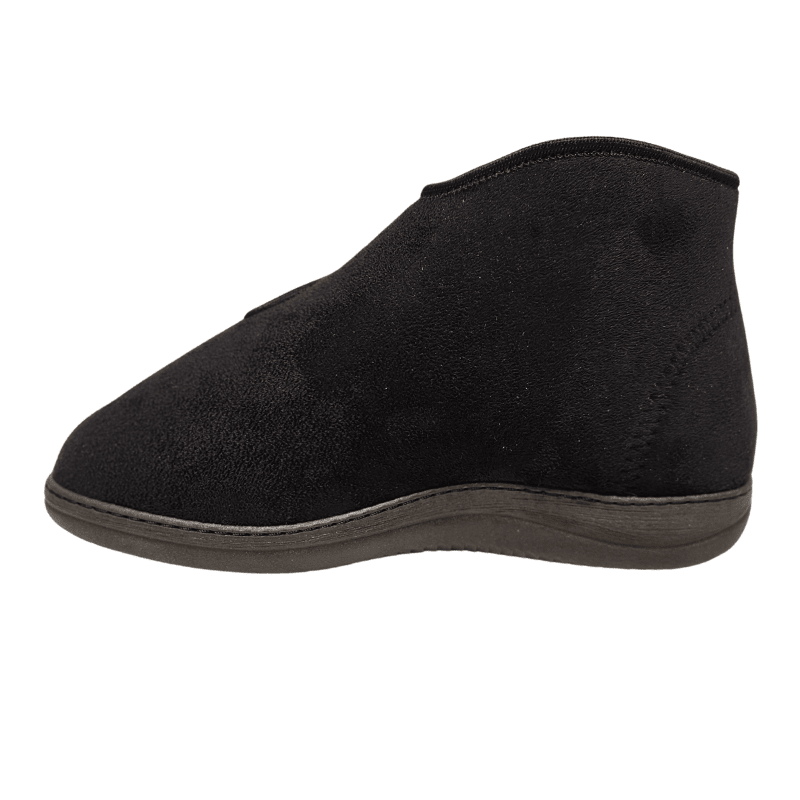 Black high therapy shoe, side view, with a smooth exterior and high ankle