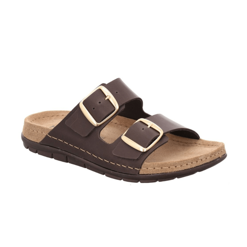 Dark brown Rohde women's leather sandal with two adjustable straps and golden buckles, angled front view