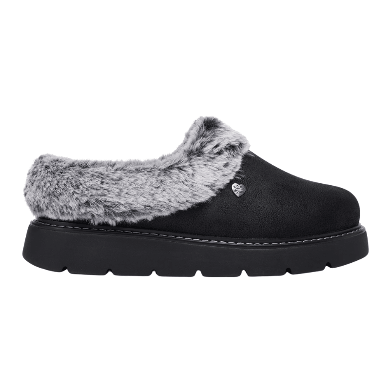 Black Skechers women's slipper with faux suede look, grey faux fur, and thick sole, side view