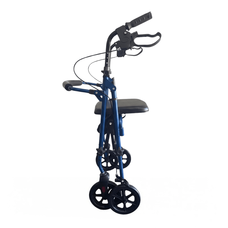 Blå Ibis rollator set fra siden i sammenklappet tilstand, der viser dens kompakte design