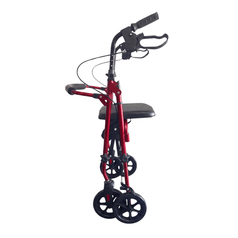 Sammenklappet rød Ibis rollator set fra siden, viser dens kompakte design