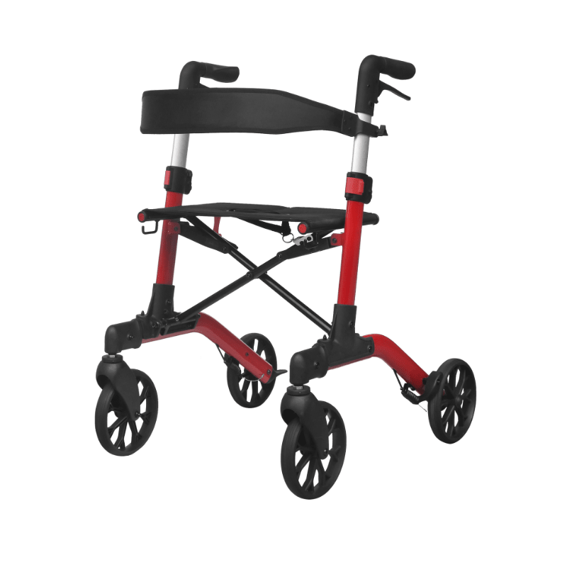 Red Mambo rollator from side angle without bag, showing the cross-frame under the seat