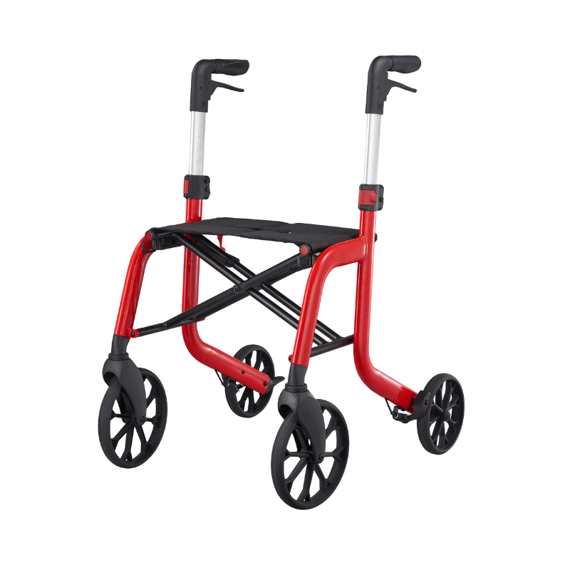 Lightweight red Samba rollator with black seat, seen from front and without accessories