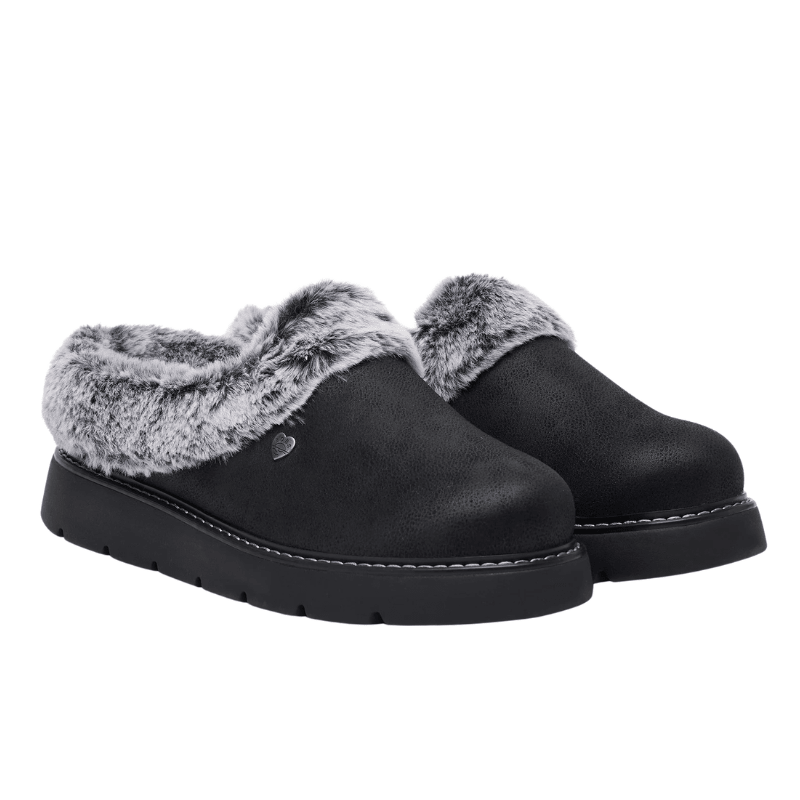 A pair of black Skechers women's slippers with grey faux fur and faux suede look, slightly angled front view