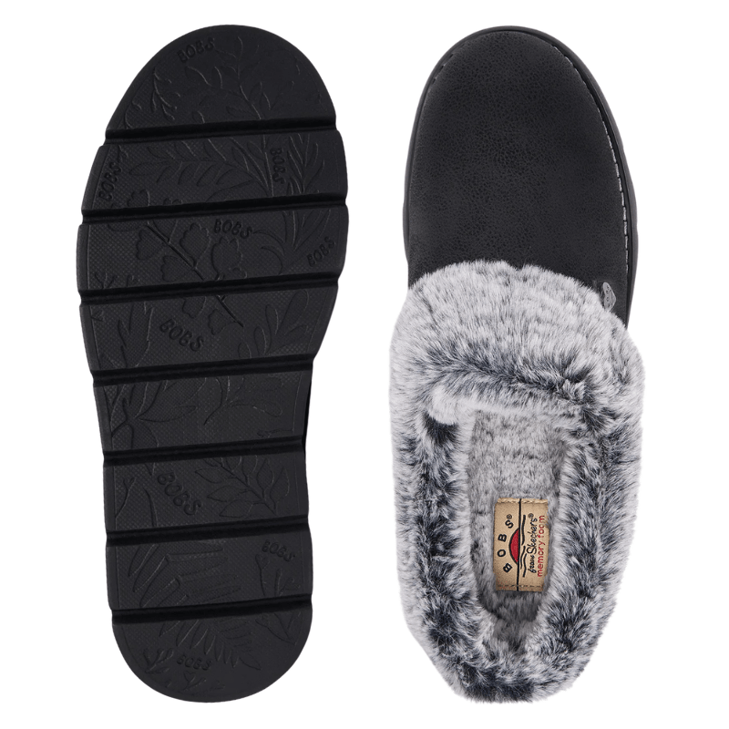 Black Skechers women's slipper from above with insole and a sole with pattern from below