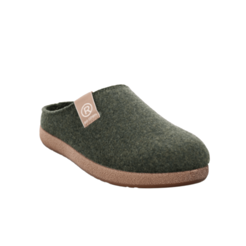 Rohde women's dark green felt slipper, angled front view showing the wide fit