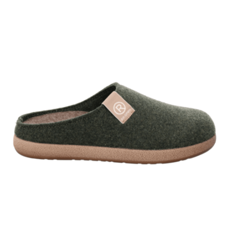 Dark green Rohde women's felt slipper, side view with beige sole and brand logo