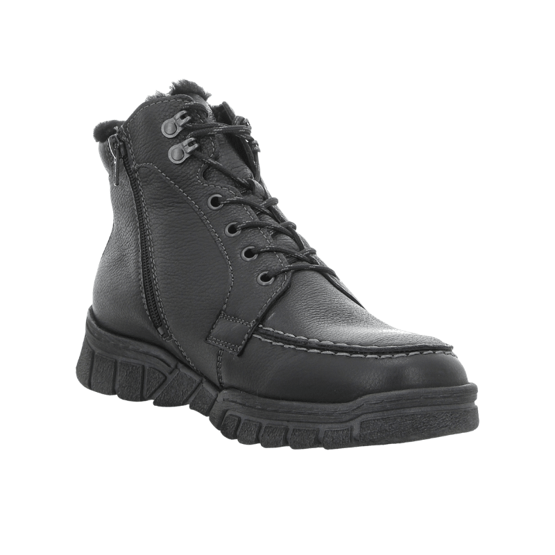 Waldläufer men's boot in black nappa leather with laces and zipper, angled front view showing warm lining