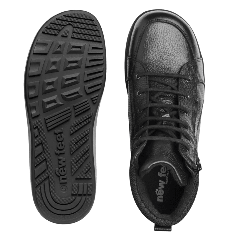 One black New Feet men's boot from above and an outsole with tread pattern and "new feet" logo