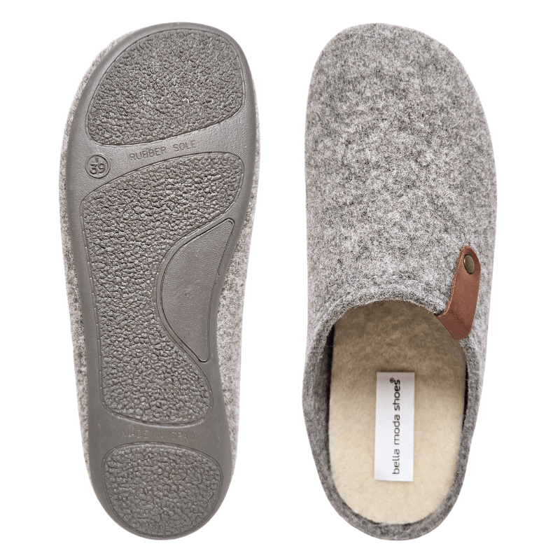 Two grey Bella Moda women's wool slippers from above, showing non-slip rubber sole and insole