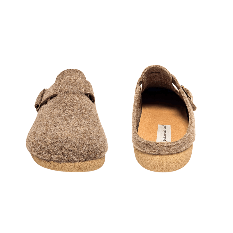 Two beige Bella Moda women's wool slippers, one seen from the front and the other from the back with insole