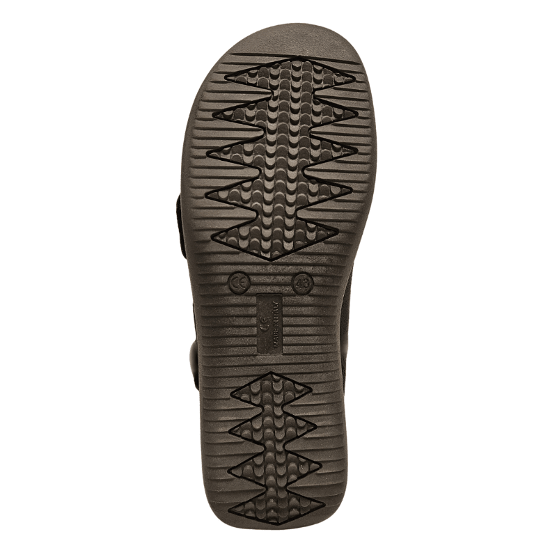 Underside of a black therapy shoe with non-slip pattern and "MADE IN ITALY" embossed on the sole
