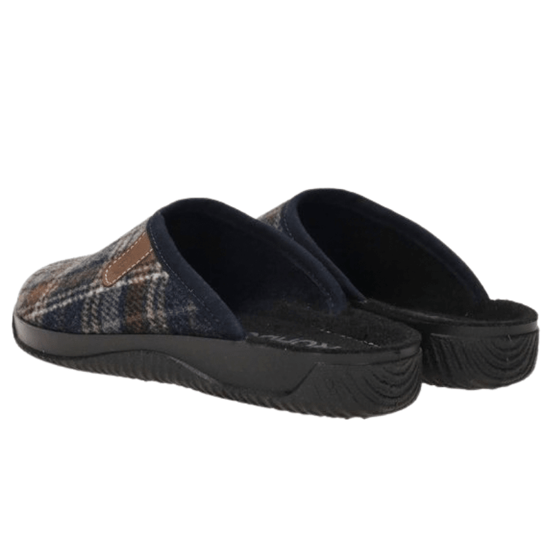 A pair of Rohde men's slippers seen from behind, showing the open heel and soft black insole