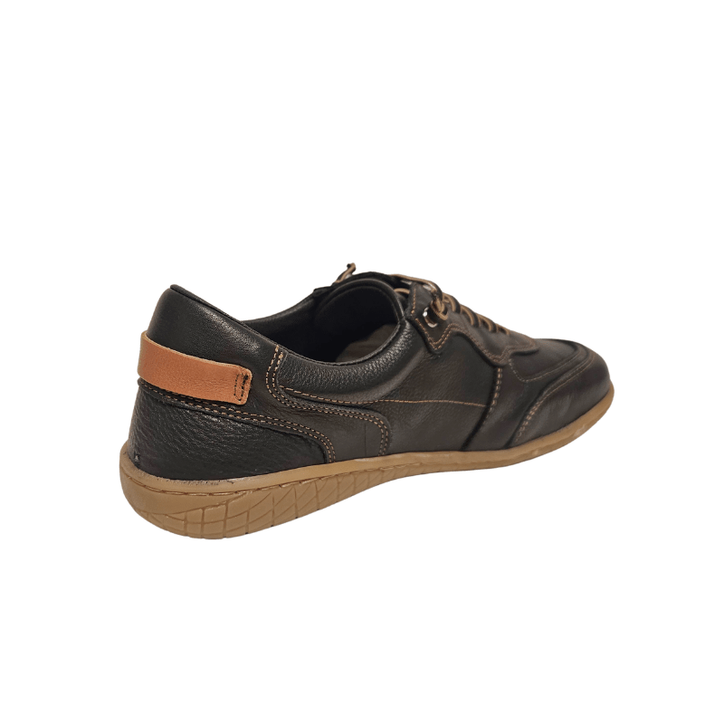 Black Bella Moda women's barefoot shoe, angled rear view with brown leather detail on the heel