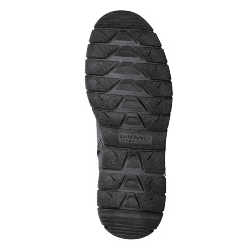 The black, patterned outsole of a Waldläufer men's boot with air cushions, seen from below