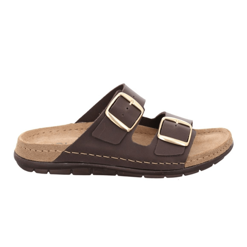 Dark brown Rohde women's leather sandal with two adjustable straps and golden buckles, side view