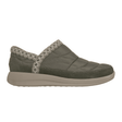 Olive green Skechers women's leisure shoe, side view, with quilted upper and knitted trim
