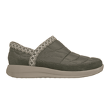 Olive green Skechers women's leisure shoe, side view, with quilted upper and knitted trim