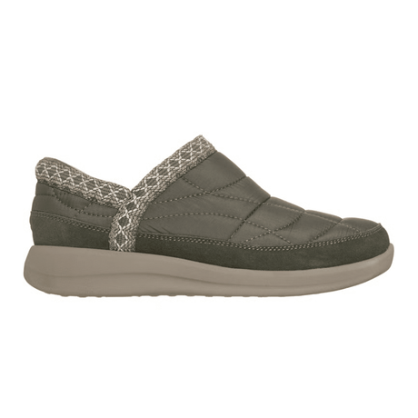 Olivengrøn Skechers fritidssko til damer set fra siden med quiltet overdel og strikket kant