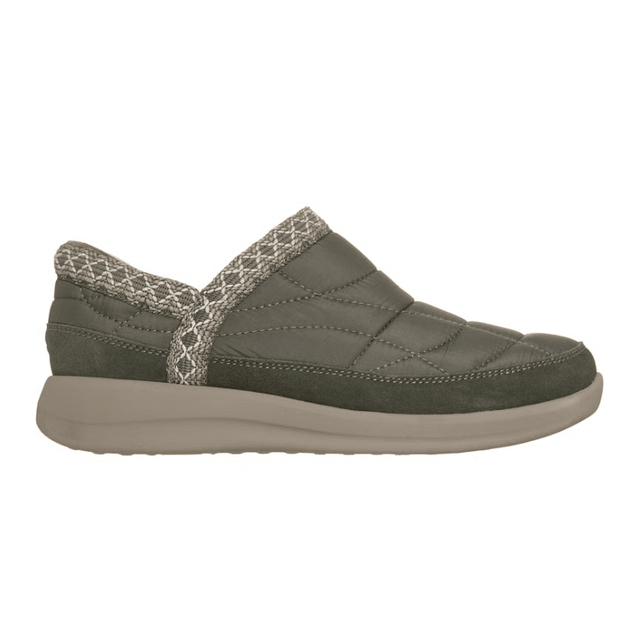 Olive green Skechers women's leisure shoe, side view, with quilted upper and knitted trim