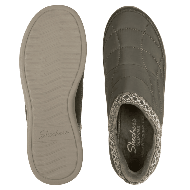 Two olive green Skechers women's shoes, top view; one showing the outsole, the other the Memory Foam insole