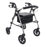 Grå Ibis rollator set skråt forfra med polstret sæde, rygbøjle og tekstilkurv