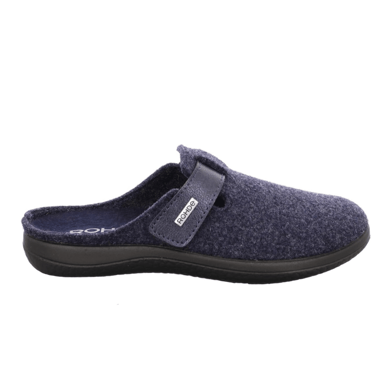 Blue Rohde women's felt slipper, side view, with a visible velcro strap and brand logo