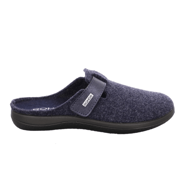 Blue Rohde women's felt slipper, side view, with a visible velcro strap and brand logo