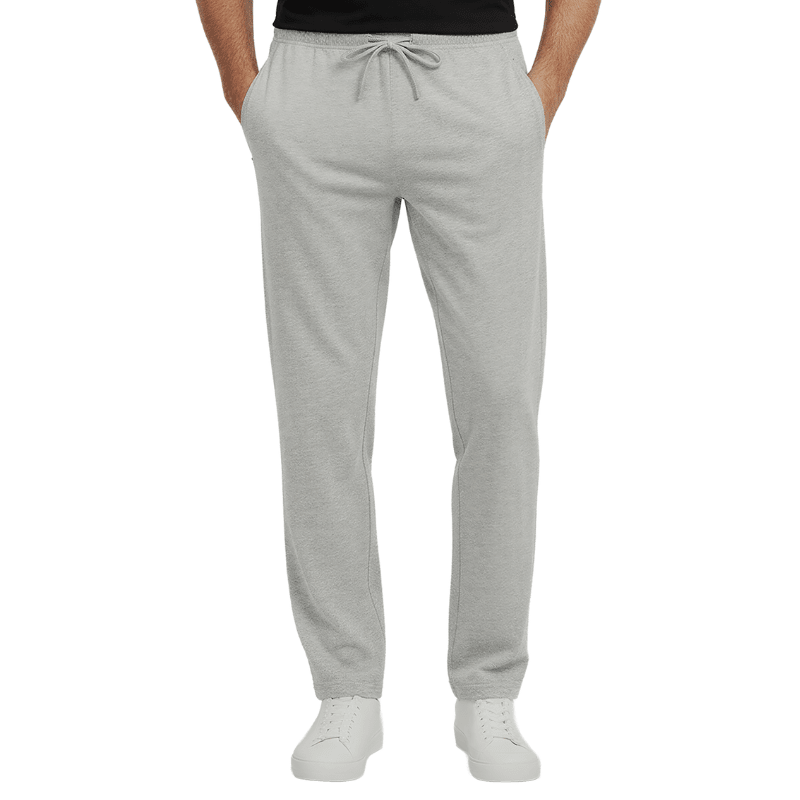 Grey jogging pants with drawstring waist and zip pockets, seen from the front on a person