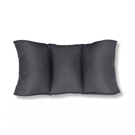 Grey lumbar cushion with natural fiber, front view, divided into three chambers for even support