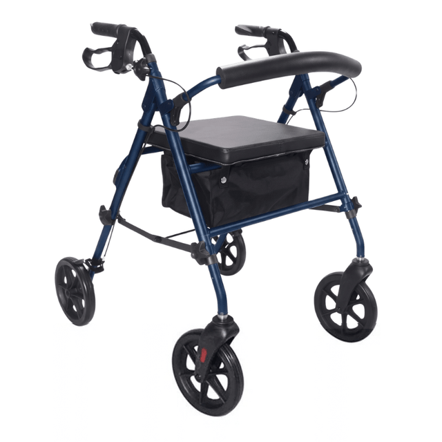 Blå Ibis rollator med polstret sæde og rygbøjle, set skråt forfra med tekstilkurv under sædet