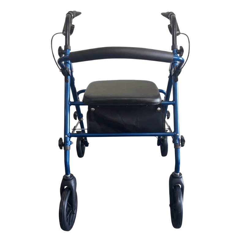 Blå Ibis rollator set direkte forfra, med ergonomiske håndtag, polstret sæde og rygbøjle