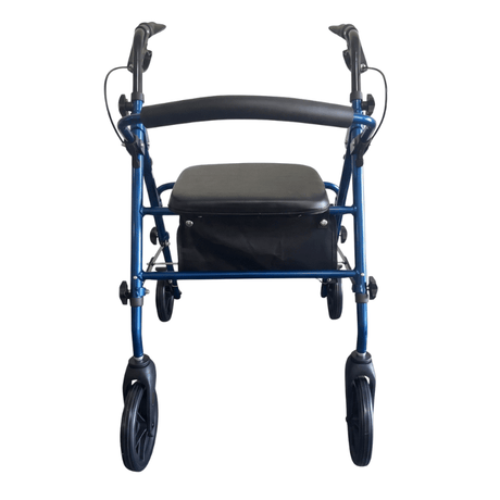 Blå Ibis rollator set direkte forfra, med ergonomiske håndtag, polstret sæde og rygbøjle