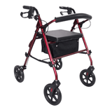 Rød Ibis rollator set forfra med sort polstret sæde, rygbøjle og tekstilkurv