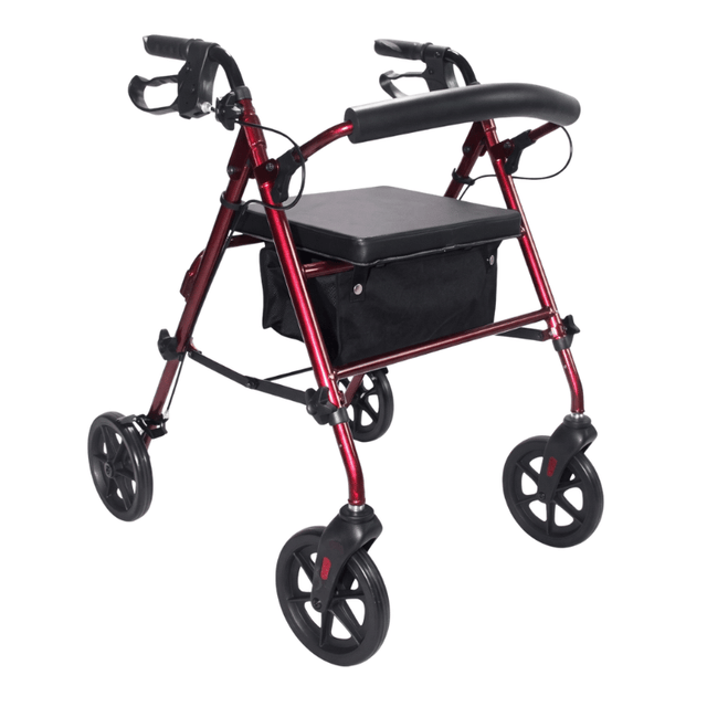 Rød Ibis rollator set forfra med sort polstret sæde, rygbøjle og tekstilkurv