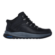 Black Skechers waterproof men's boot, side view, with grey sole and laces