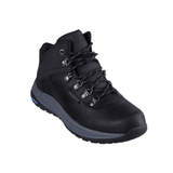 Black Skechers men's boot, angled front view, with laces and waterproof leather upper