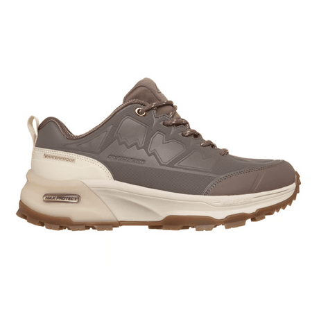 Mocha Skechers waterproof women's sneaker side view, with text details on the side and sturdy sole