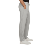 Grey jogging pants with closed side zippers and slash pockets, seen from the side on a person