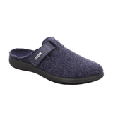 Dark blue Rohde women's felt slipper, front-side view, with a velcro strap and black outsole
