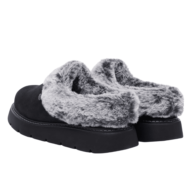 Two black Skechers women's slippers with grey faux fur and thick sole, rear view