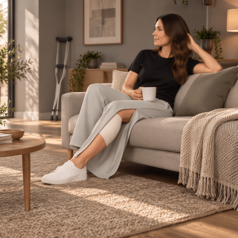 Woman on sofa in grey jogging pants, open zipper shows bandage on calf, crutches in background