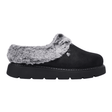 Black Skechers women's slipper with faux suede look, grey faux fur, and thick sole, side view